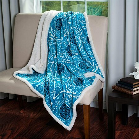 LAVISH HOME Lavish Home  Printed Coral Soft Fleece Sherpa Throw Blanket - Blue 61-00010-BLU